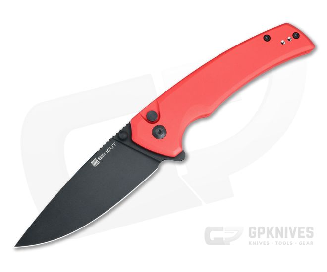 Sencut Serene Button Lock Flipper Red Aluminum Handles Black Stonewash D2 Drop Point Blade S21022B-2 - SC-S21022B-2