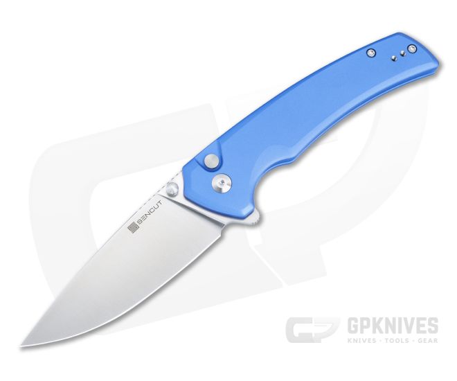 Sencut Serene Button Lock Flipper Blue Aluminum Handles Satin D2 Drop Point Blade S21022B-4 - SC-S21022B-4