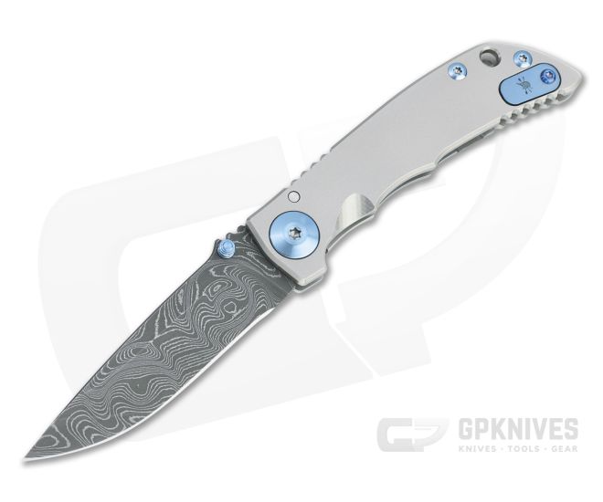 Spartan Blades Harsey Folder 3.25 Nichols Damascus Blue Hardware Titanium Folder 01 - SB-SF10-01