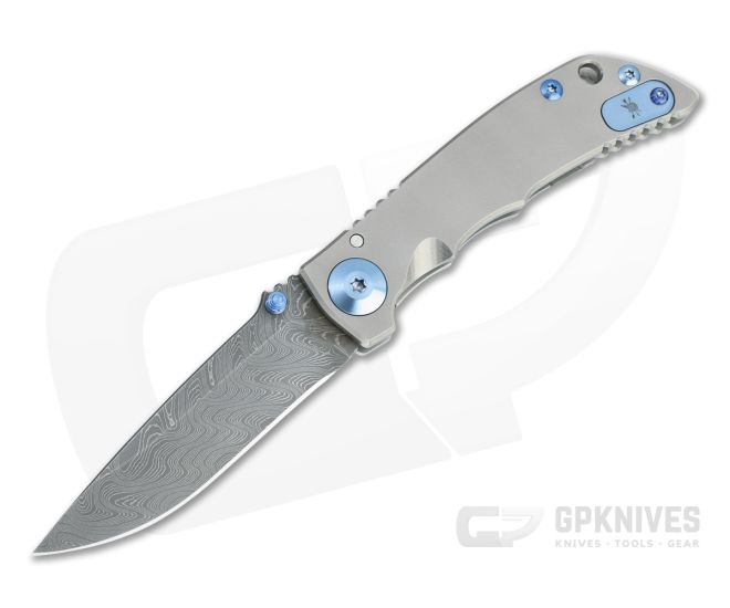 Spartan Blades Harsey Folder 3.25 Nichols Damascus Blue Hardware Titanium Folder 02 - SB-SF10-02