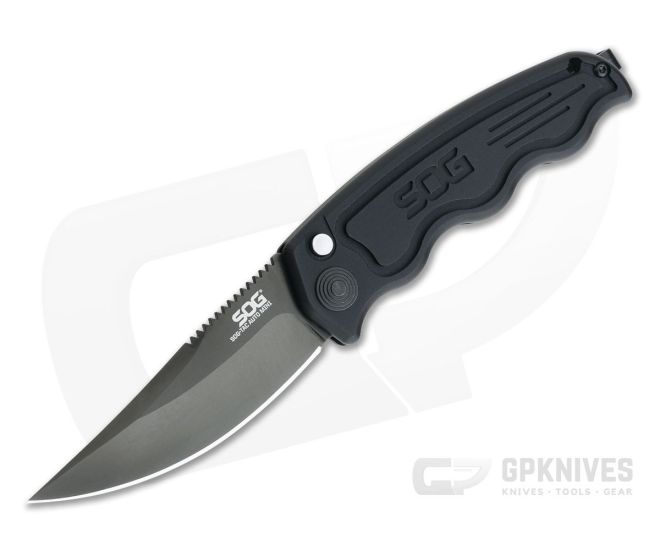 SOG SOG-TAC Mini Auto Drop Point Black Plain AUS-8 Aluminum Button Lock Automatic ST-11 - SOG-ST-11