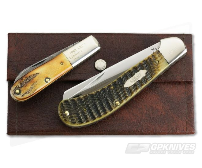 Case 1990 ABCA XXX Green Bone Saddlehorn & Parker Stag Damascus Set - CA-VX146