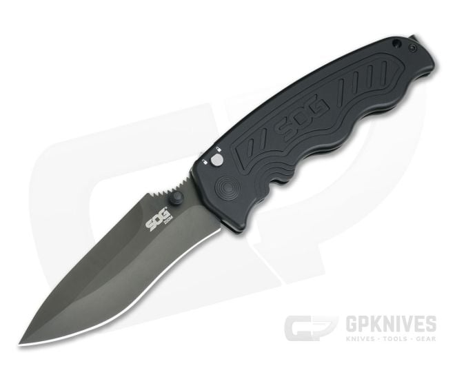 SOG Zoom Spear Point Black Plain AUS-8 Aluminum Button Lock Assisted Folder ZM1012-BX - SOG-ZM1012-BX