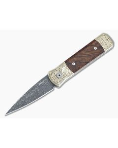Protech Godson Automatic Engraved Bronze Aluminum Handle Desert Ironwood Inlay Damascus Spear Point 2023GS-001