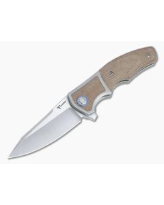 Reate x Lambert Mini Crossroads Satin M390 Brown Micarta Inlaid Titanium Flipper