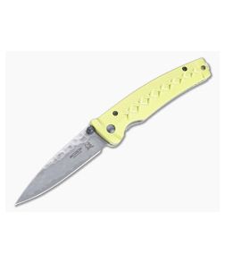 Mcusta Fusion San Mai Damascus Yellow Aluminum Liner Lock Folding Knife 0164D