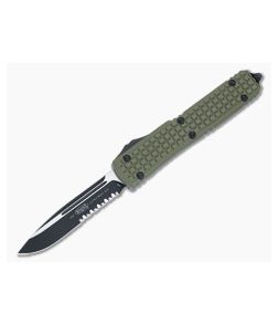 Microtech Ultratech Signature Series OTF Frag Textured OD Green G10 Cover Aluminum Handle Part Serrated Drop Point M390 Blade 121-2FRGTODS