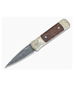 Protech Godson Automatic Engraved Bronze Aluminum Handle Desert Ironwood Inlay Damascus Spear Point 2023GS-001