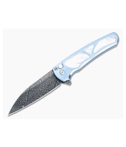 Protech Malibu Custom Flipper Blue Titanium White Pearl Inlays Nichols Mosaic Damascus Wharncliffe Blade 2023-MALIBU-011