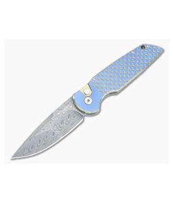 Protech TR-3 Blue and Gold Fish Scale Titanium Handle Mike Irie Ground Damasteel Auto 2023TR3-001