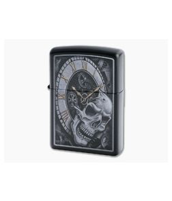 Zippo Lighter Matte Black Skull Clock Design