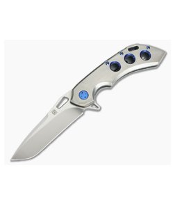 Olamic Cutlery Wayfarer 247T Orange Peel Blue 3-Hole Tanto Satin M390 Flipper