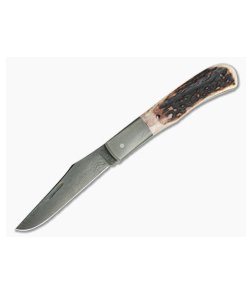 Chuck Hawes Custom Sambar Stag Trapper Burl Pattern Damascus Bolsters and Blade 