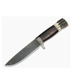 Burr Oak Custom Camp Knife Bold Twist Damascus Ironwood and Stag