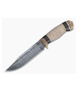 Olamic Cutlery Voykar HT Stacked Birch Bronze Fittings Damascus Fixed Blade