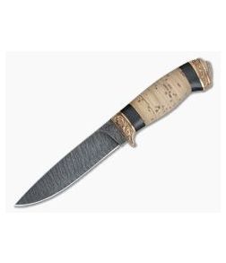 Olamic Cutlery Suna Stacked Birch Bronze Fittings Damascus Fixed Blade