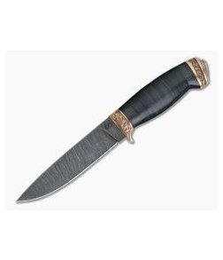 Olamic Cutlery Suna Stacked Leather Bronze Fittings Damascus Fixed Blade