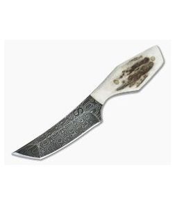Olamic Cutlery Tanto Damascus and Stag Neck Knife with Leather Sheath 4218