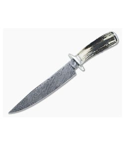 Bill Miller Custom Large Fighter Carbon Damascus Sambar Stag Fixed Blade 4534