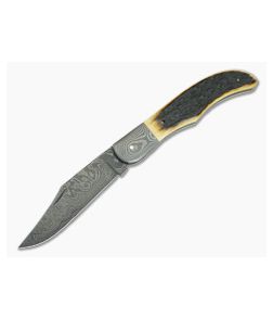 Chuck Hawes Custom Folding Hunter Stagged Jig Bone Burl Pattern Damascus