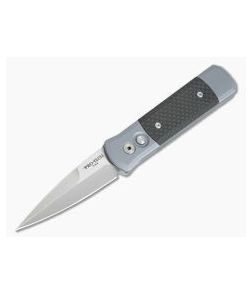 Protech Knives Godson Satin Blade Carbon Fiber Inlays Grey Handle Automatic Knife 700CF