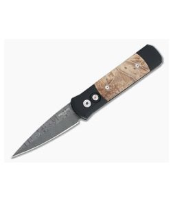 Protech Custom LTD Godson Automatic Nichols Damascus Maple Burl Inlaid Folder 706-DAMA-01