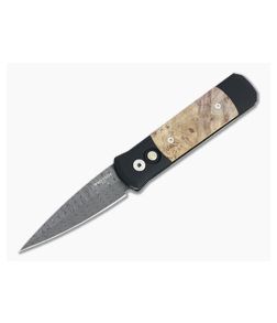 Protech Custom LTD Godson Automatic Nichols Damascus Maple Burl Inlaid Folder 706-DAMA-02