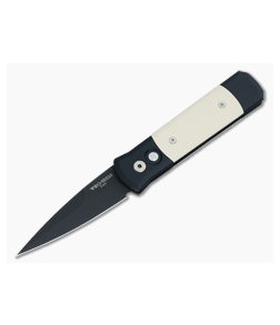 Protech Knives Godson Tuxedo Black Plain Edge Ivory Micarta Inlays 752