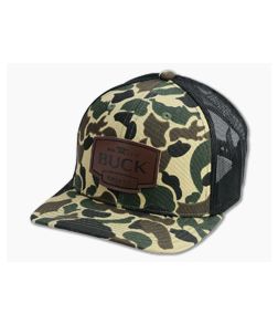 Buck Knives Leather Logo Patch Camo Mesh Back Trucker Hat 89158