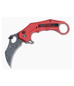 CIVIVI Incisor II Button Lock Karambit Red Aluminum Handle Damascus Hawkbill Blade C16016B-DS1