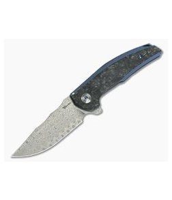 Reate Knives JACK Integral Damasteel Marbled Carbon Fiber Blue Titanium Frame Lock Flipper