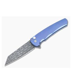Protech Malibu Custom Flipper 3D Machined Blue Titanium Razorwire Damascus Reverse Tanto Blade 2023-MALIBU-008