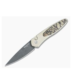 Protech Newport Custom Nichols Damascus Two-Tone Bronze Tiger Coral Inlaid Titanium Automatic NP-C-01