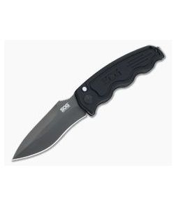 SOG SOG-TAC Drop Point Black Plain AUS-8 Aluminium Button Lock Automatic ST-06