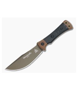 TOPS Knives Woodcraft Fixed Blade Black And Tan Micarta Handle Midnight Bronze Trailing Point WC-01